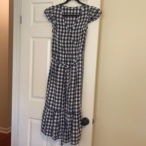 Navy gingham midi flutter sleeve dress